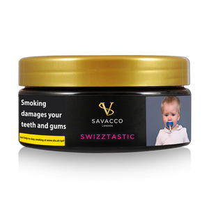 SAVACCO Swizztastic shisha tobacco tin with health warning and image of a child with pacifier