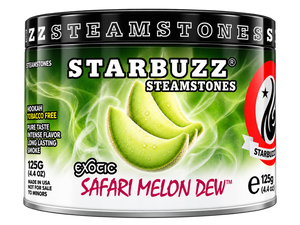 A tin of Starbuzz Steamstones exoac Safari Melon Dew hookah tobacco free smoke, featuring green melon graphics and a black lid on a white background.