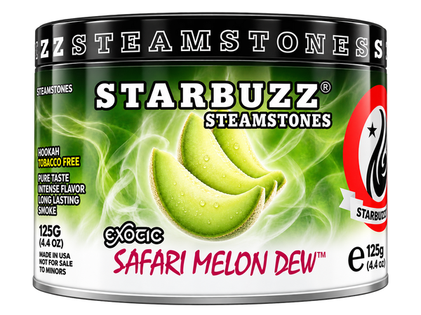 A tin of Starbuzz Steamstones exoac Safari Melon Dew hookah tobacco free smoke, featuring green melon graphics and a black lid on a white background.