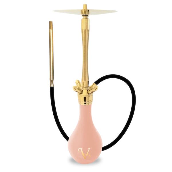 Pink hookah with gold accents on a white background