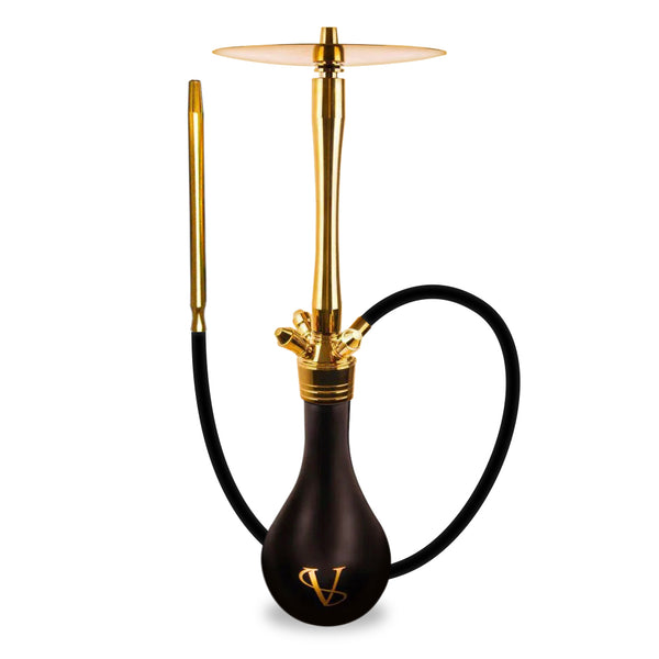 Black and gold hookah with a visible brand logo on a white background