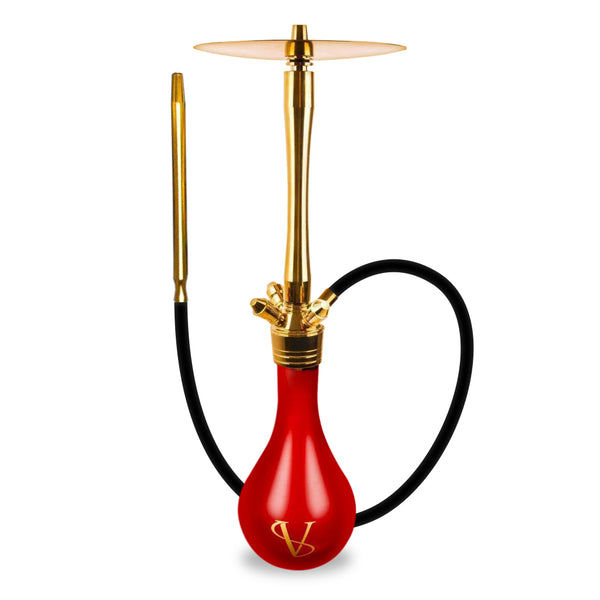 Red and gold hookah with black hose on a white background
