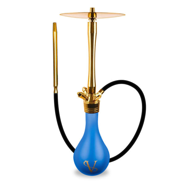 Blue and gold hookah with black hose on a white background