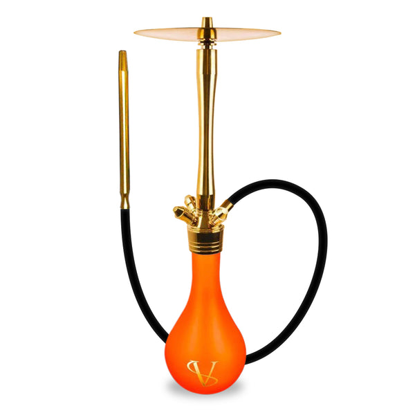 Hookah with orange base and gold accents on a white background