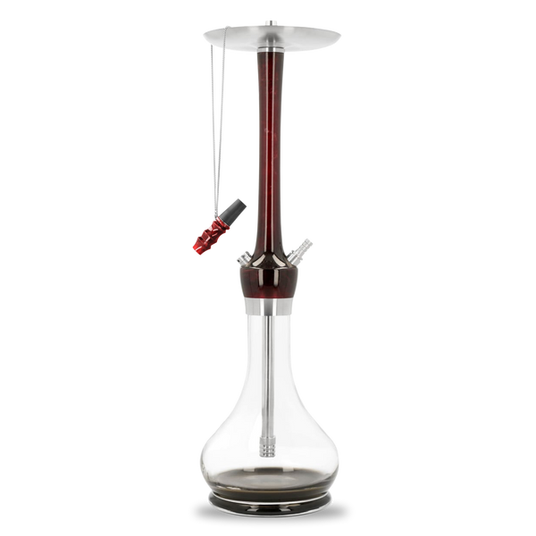 Modern dark ruby shisha pipe with clear glass base and aluminum accents on white background