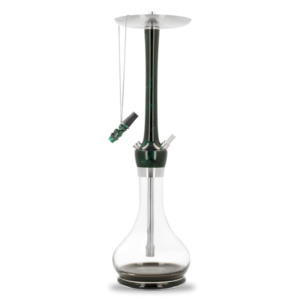 Modern dark emerald green shisha pipe with glass base and metal accents on white background