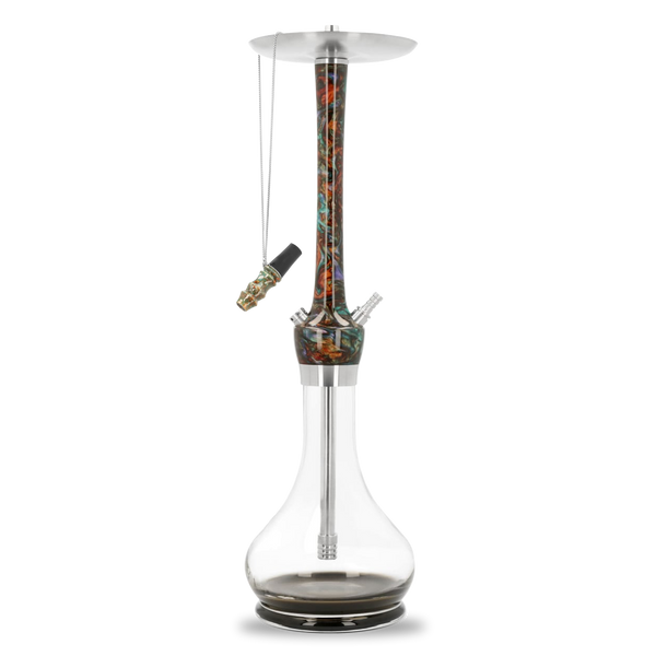 Modern glass hookah with colorful patterned stem and metal accents on white background