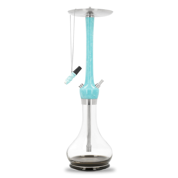 Modern hookah with clear glass base and sky blue stem on white background
