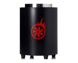 Black shisha charcoal burner with red flame logo, modern cylindrical design, on white background.