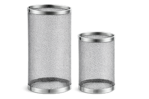 Two silver metal mesh pencil holders of different heights on a plain white background.