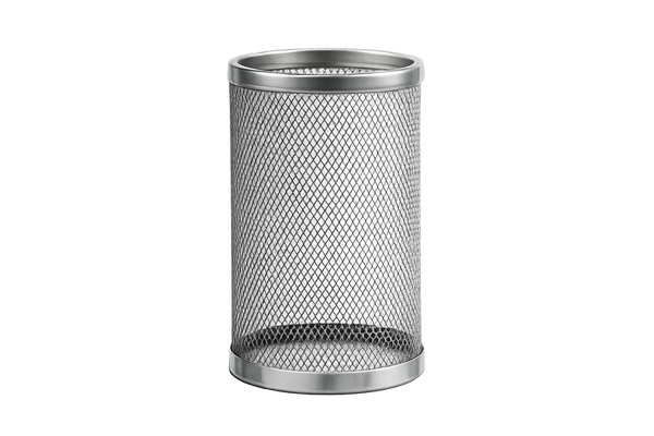 A silver metal mesh desk organizer or pen holder with a cylindrical shape, set against a plain white background.
