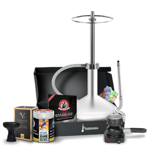 Stenar Signature Stainless Steel Shisha Bundle with adjustable height, glass base, diffuser, silicone hose, stainless steel mouthpiece, and 200g Overdozz Dopomine flavour.