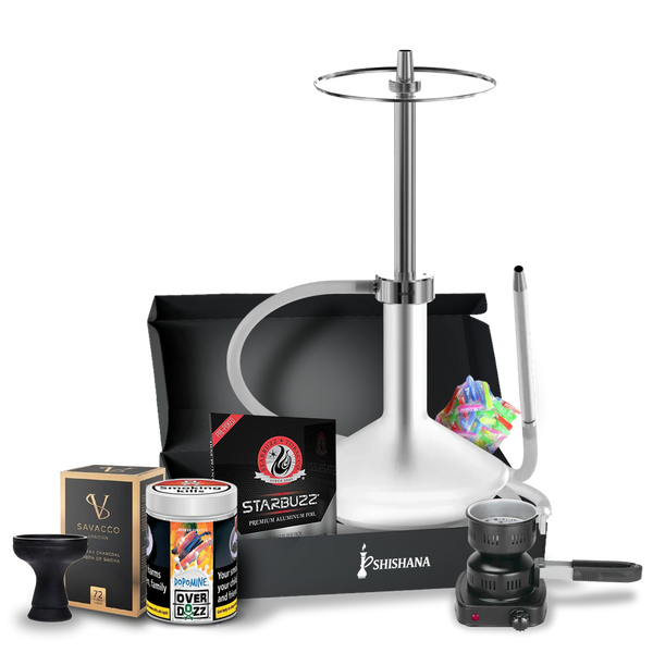 Stenar Signature Stainless Steel Shisha Bundle with adjustable height, glass base, diffuser, silicone hose, stainless steel mouthpiece, and 200g Overdozz Dopomine flavour.