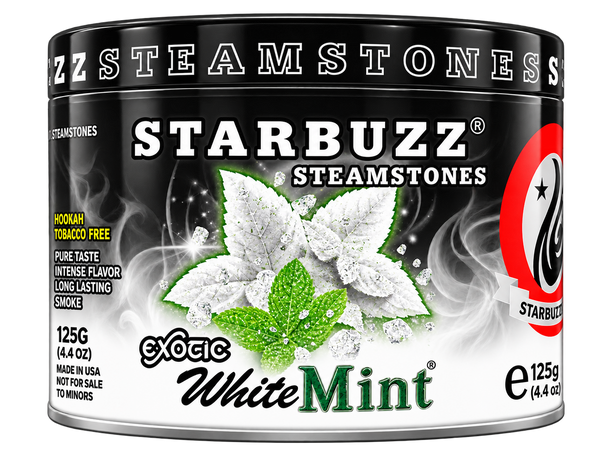 A canister of Starbuzz Steamstones Exotic White Mint hookah tobacco. The packaging is primarily black and white with a graphic of white mint leaves with green veins, and a red circular logo on the right side.