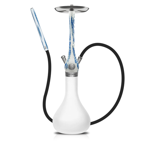 Elegant modern hookah with white and blue marbled stem and matte white glass base