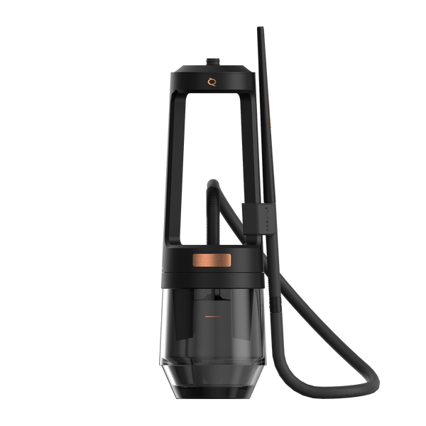 Modern black and copper shisha hookah with clear glass base and silicone hose