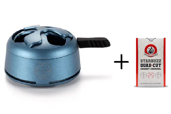Blue hookah heat management device with handle and a pack of Starbuzz coconut charcoal