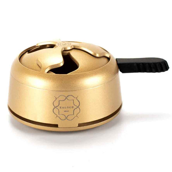 Gold Kaloud Lotus 1+ hookah heat management device with black handle on white background