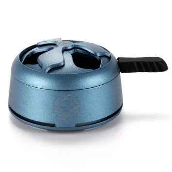 Blue hookah heat management device with a black handle on a white background