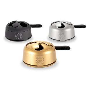 Three lotus-style hookah heat management devices in black, silver, and gold colors