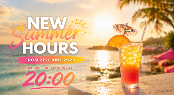 Summer hours banner with tropical beach sunset announcing closing at 20:00 from 21st June