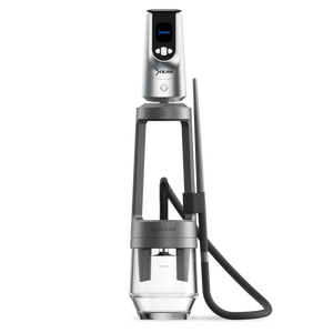 Modern silver hookah with glass base and black silicone hose for shisha smoking