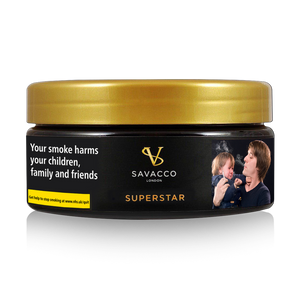 Savacco Superstar shisha tobacco container with health warning label and gold lid