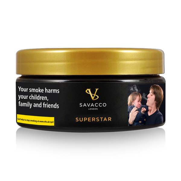 Savacco Superstar shisha tobacco container with health warning label and gold lid