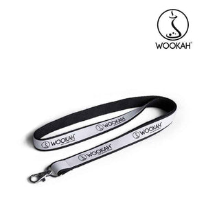 Black and white Wookah lanyard with hook clasp, Wookah logo visible, isolated on white background